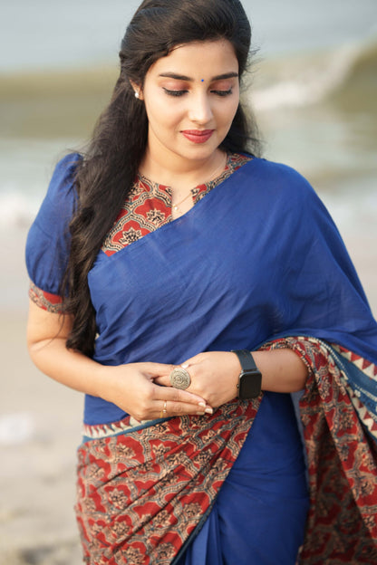 Blue Mul Cotton Saree with Ajrakh Border