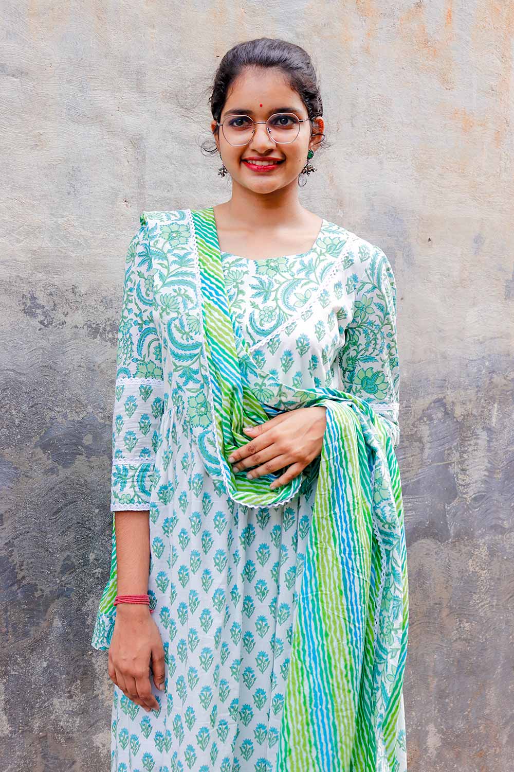 Green Gathered Kurta with Green Leheriya Dupatta