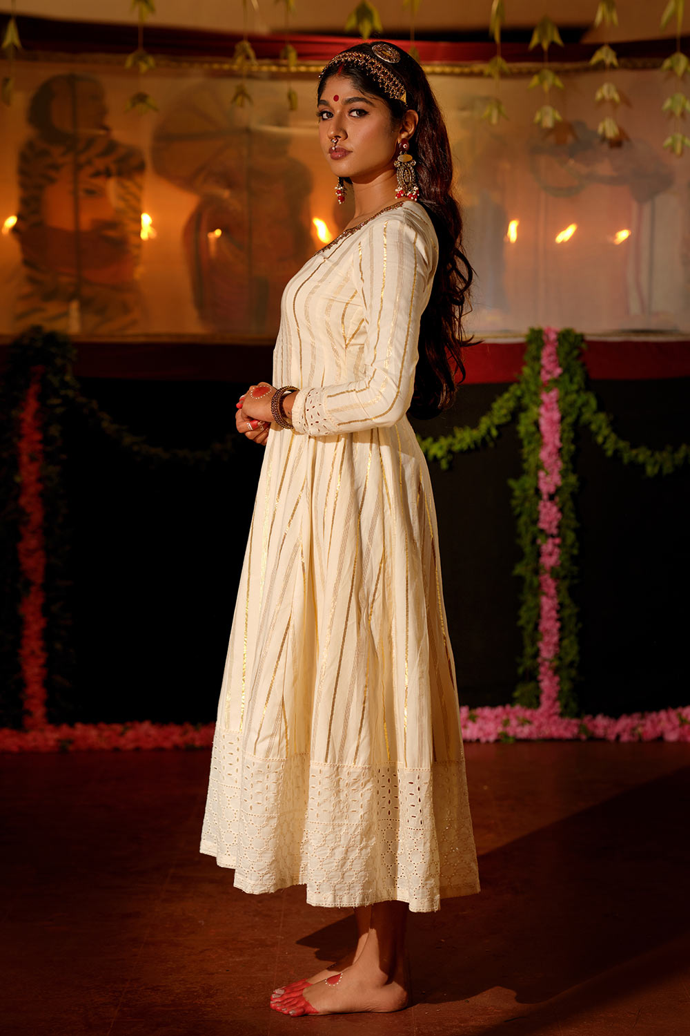 Offwhite Golden Zari Anarkali With Hakoba Border