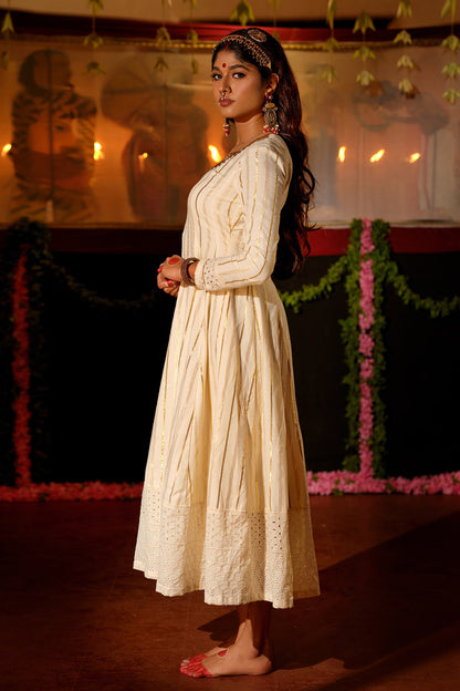 Offwhite Golden Zari Anarkali With Hakoba Border