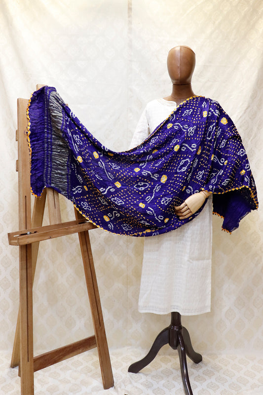 Dark Blue Base Yellow & White Bandhini Modal Dupatta