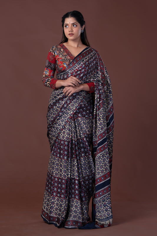 Ajrakh Black & Maroon Printed Modal Silk Saree