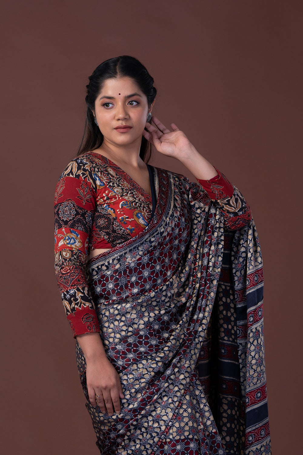 Ajrakh Black & Maroon Printed Modal Silk Saree