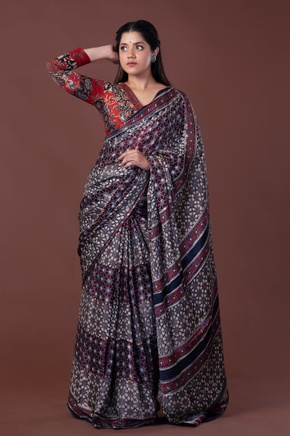 Ajrakh Black & Maroon Printed Modal Silk Saree