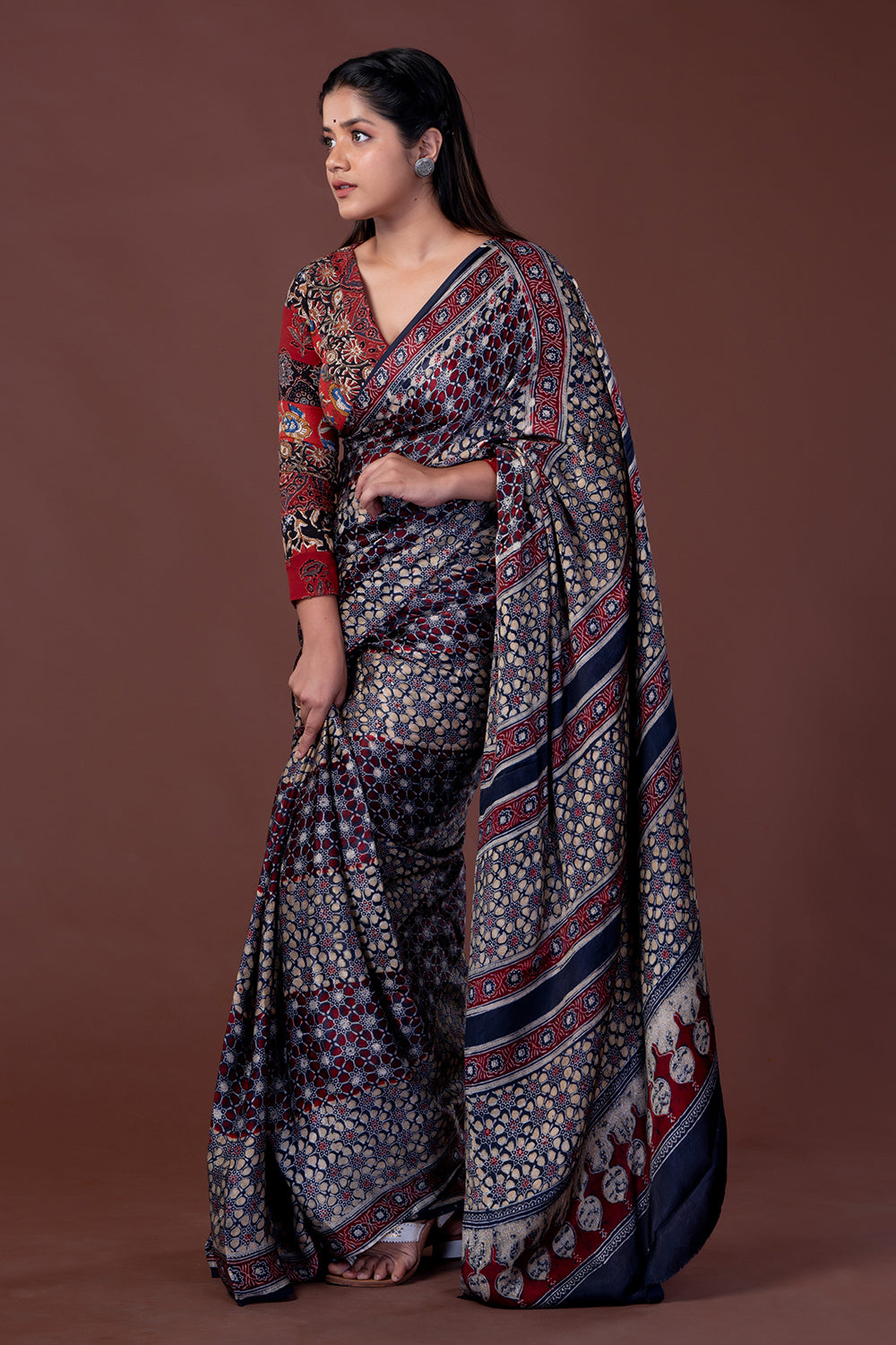 Ajrakh Black & Maroon Printed Modal Silk Saree