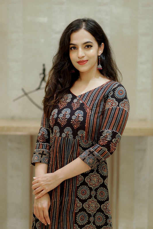 Black Ajrakh Angarkha A-Line Kurti