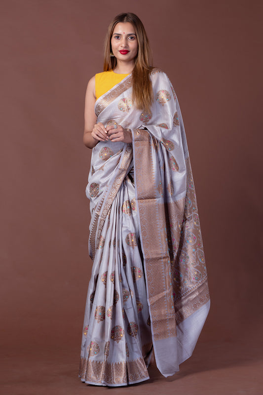 Tussar Munga Banarasi Silk Grey Saree with Tree Motif