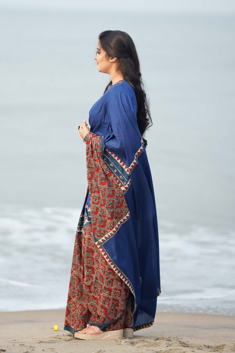 Blue Mul Cotton Saree with Ajrakh Border