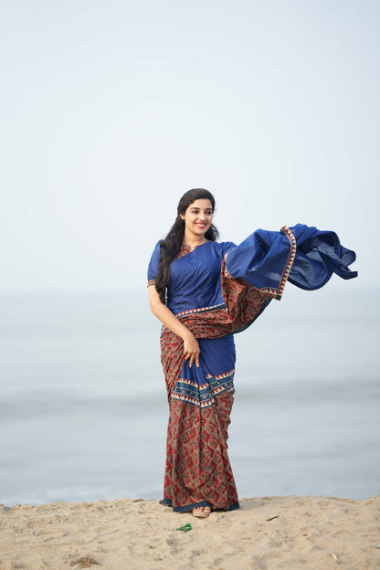 Blue Mul Cotton Saree with Ajrakh Border