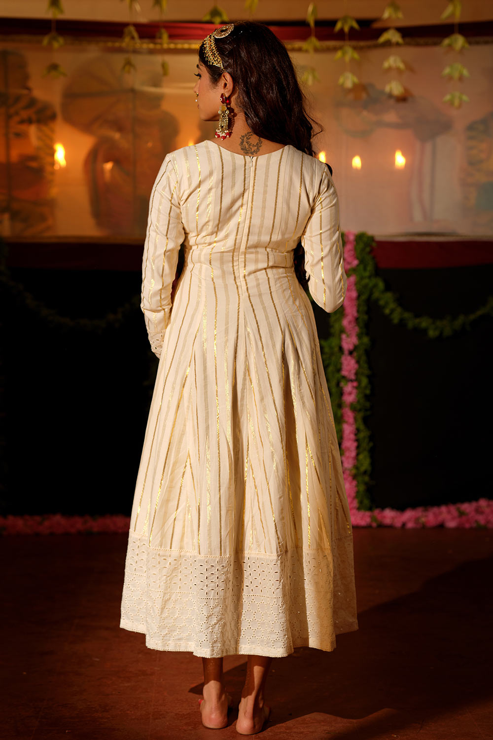 Offwhite Golden Zari Anarkali With Hakoba Border