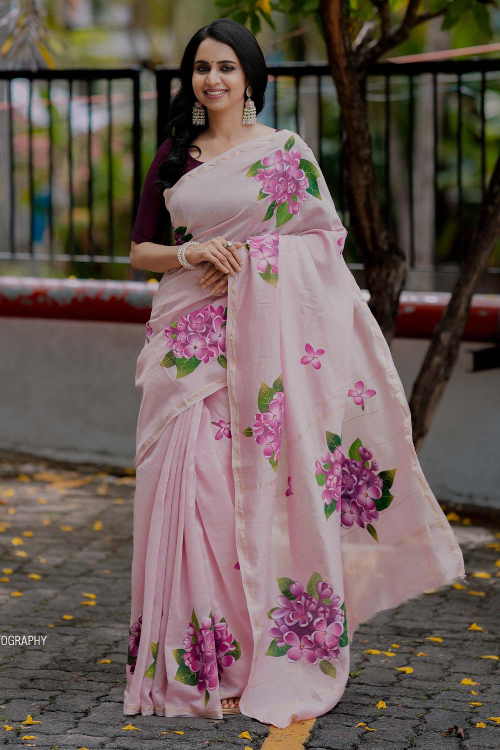 Pink Saree With Purple Hydrangea flower Handpainted