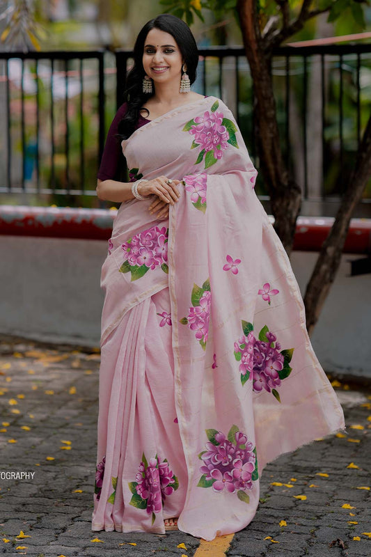 Pink Saree With Purple Hydrangea flower Handpainted
