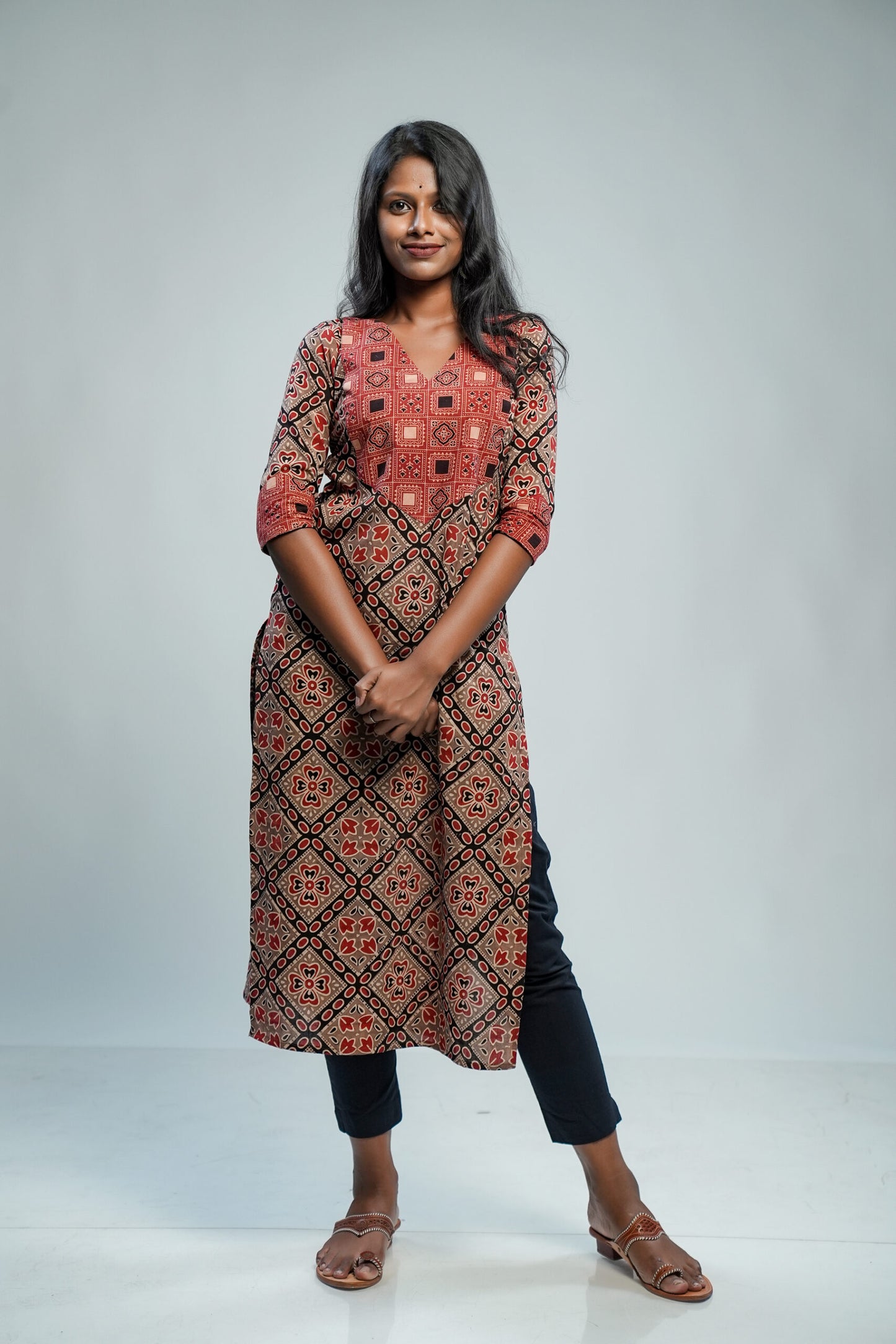 Brown Ajrak Geometrical Print Kurti