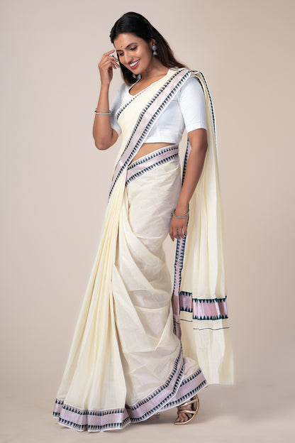 Kerala Saree with Dark Green & Rose Gold Border