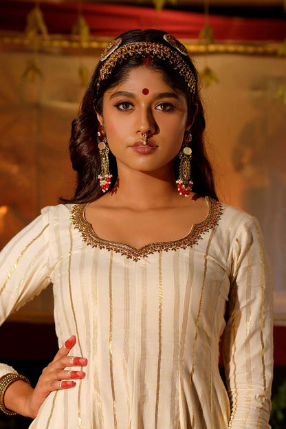 Offwhite Golden Zari Anarkali With Hakoba Border