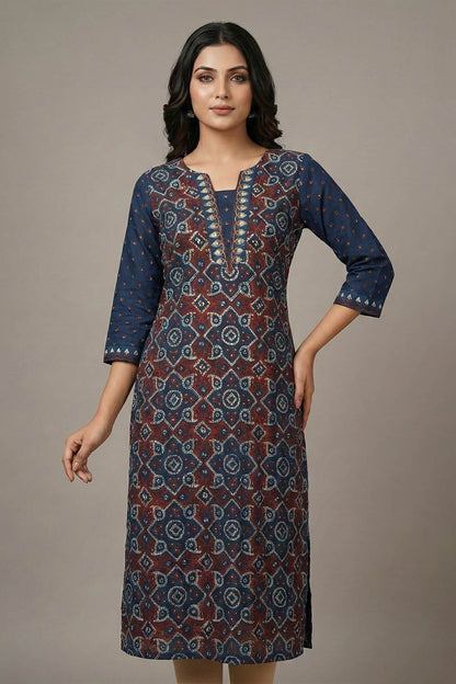 Blue Ajrak Chanderi Hand Work Slited Kurti