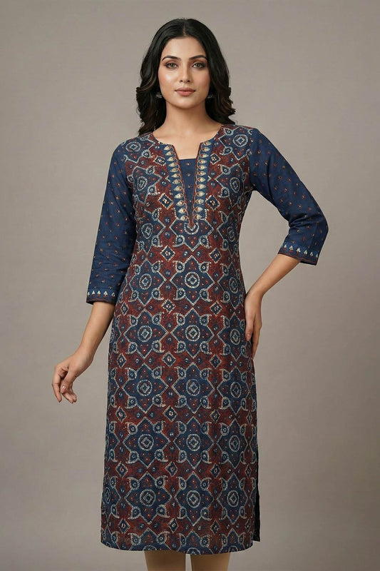 Blue Ajrak Chanderi Hand Work Slited Kurti