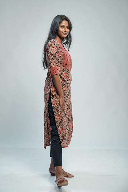 Brown Ajrak Geometrical Print Kurti