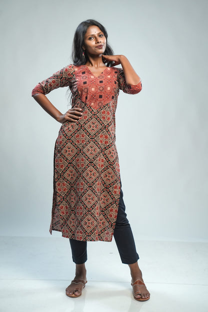 Brown Ajrak Geometrical Print Kurti