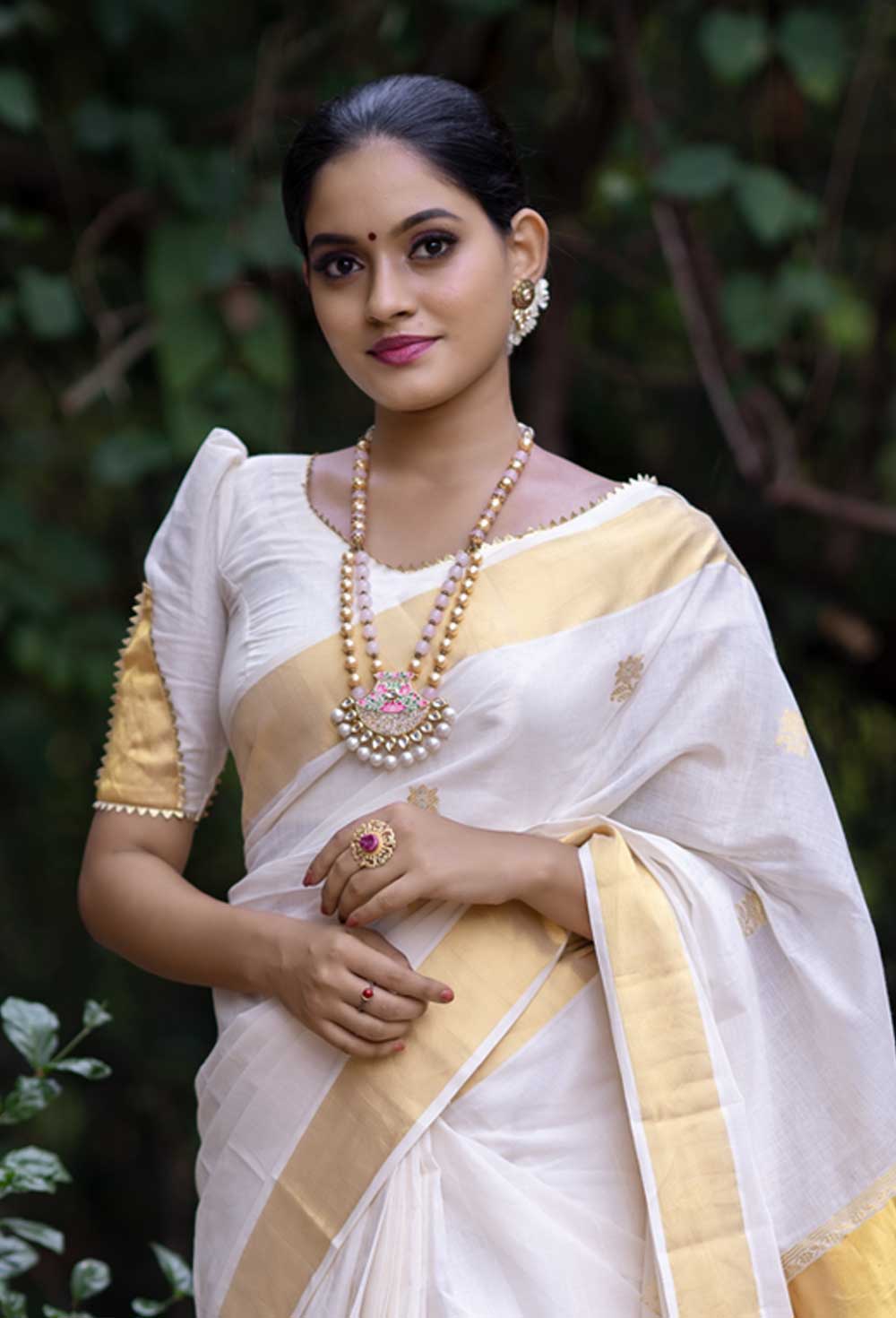 Off-White Kerala Blouse with Temple Design