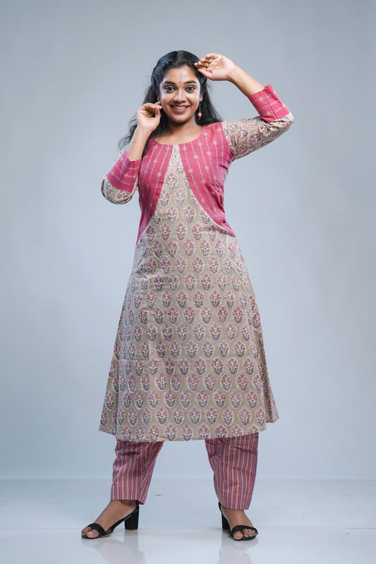 Greige Sanganeri A-Line Kurti Pink Yoke