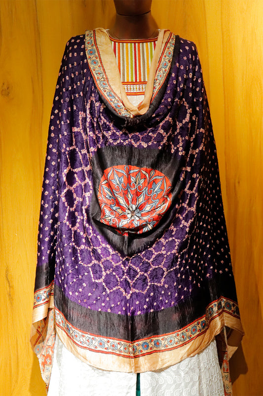 Purple Bandhini Central Floral Ajrakh Dupatta