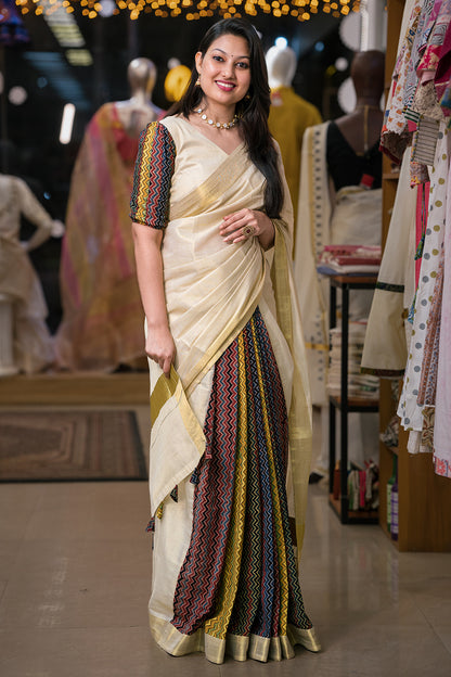 Kerala Saree with Ajrakh Patch