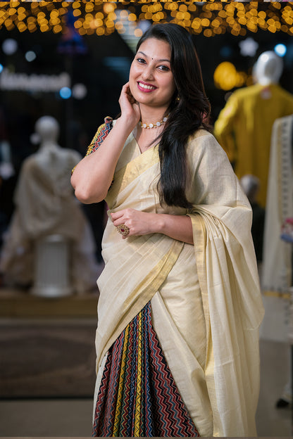 Kerala Saree with Ajrakh Patch