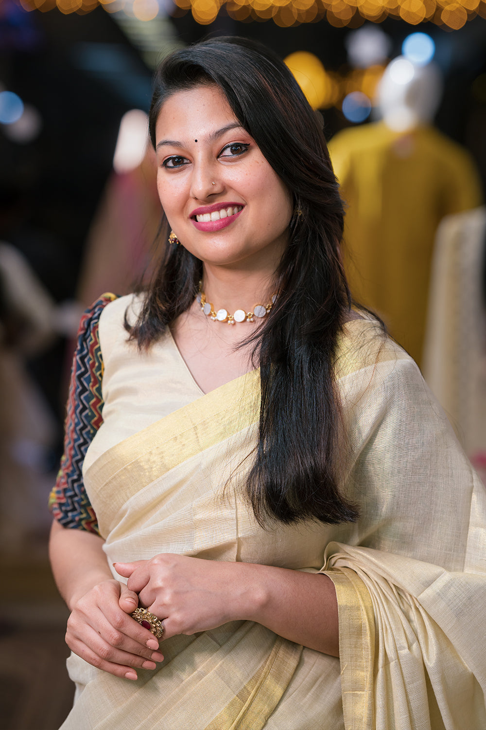 Kerala Saree with Ajrakh Patch