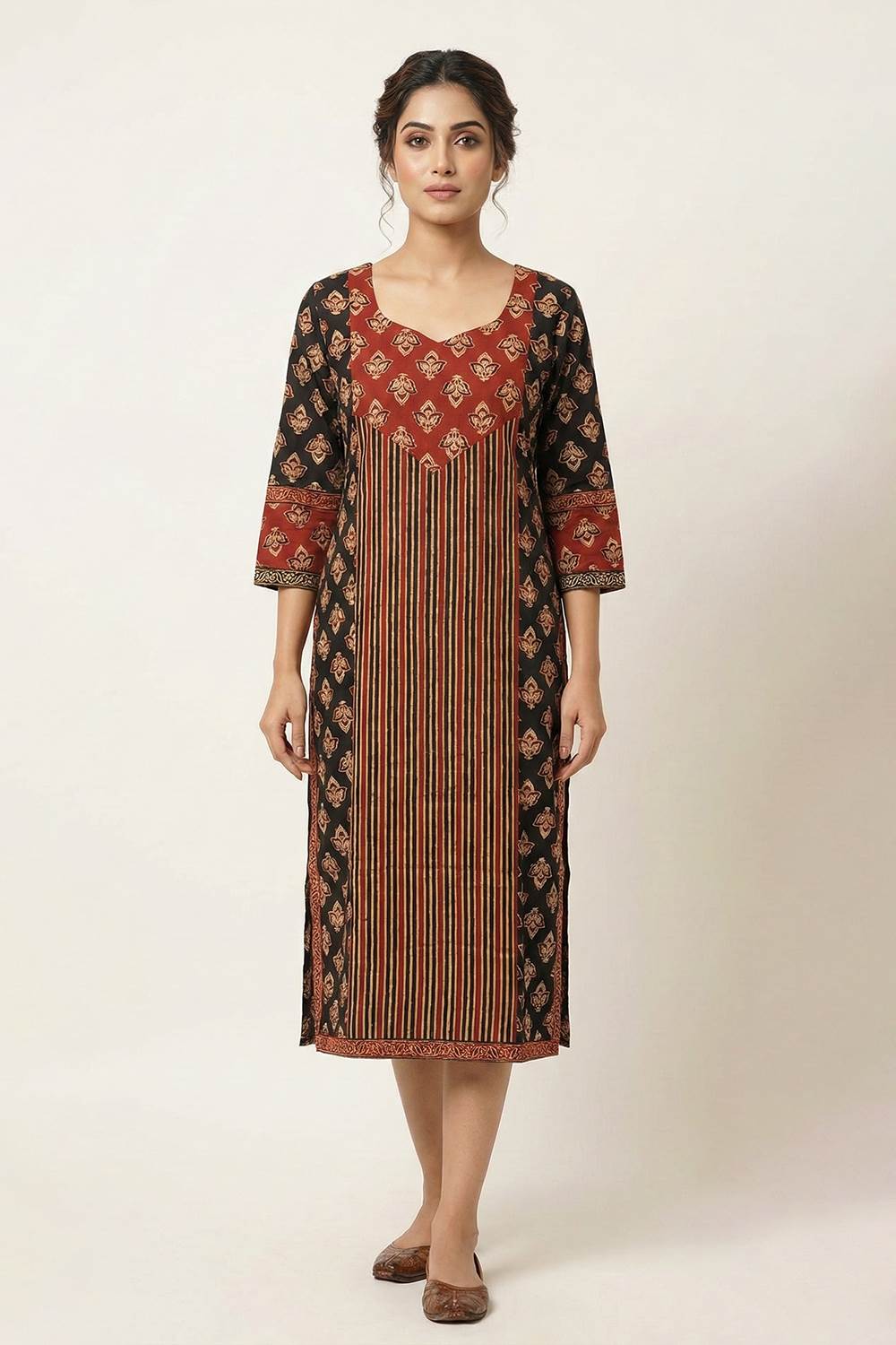 Black Base Slitted Kurti with Leaf Print