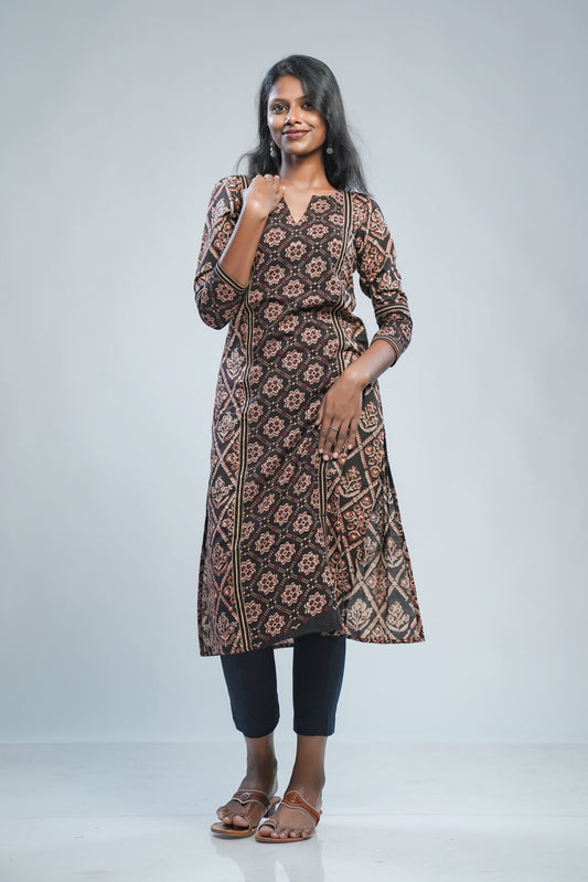 Black Ajrakh Floral Panel Kurti