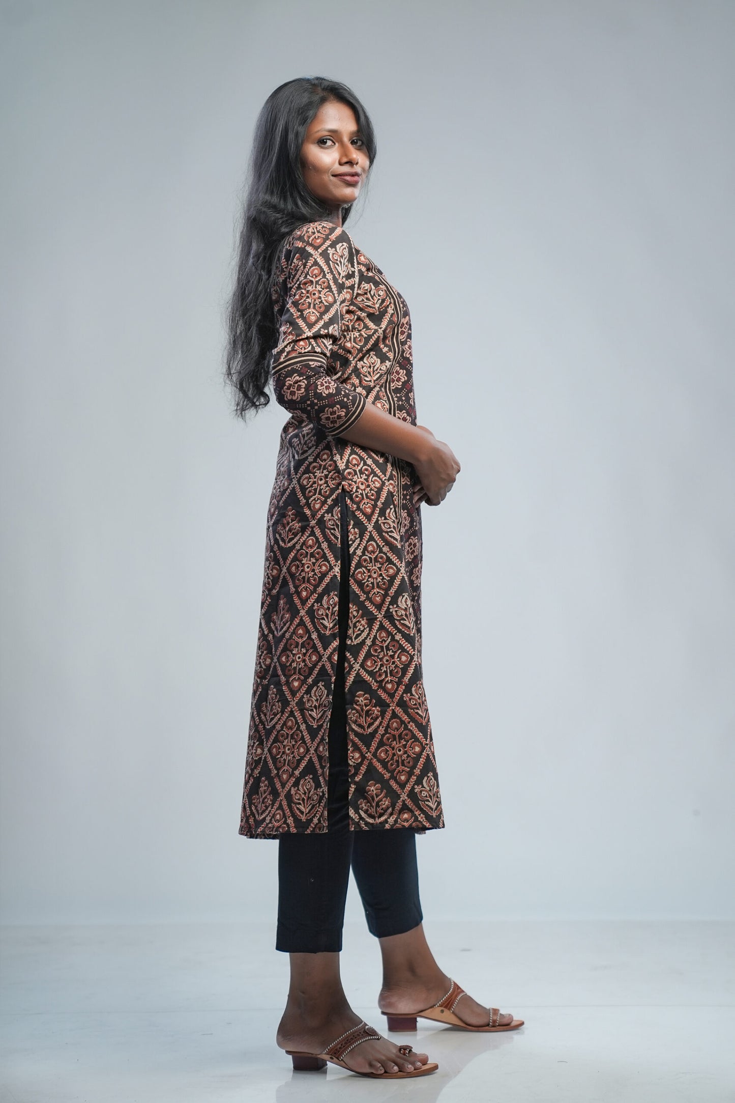 Black Ajrakh Floral Panel Kurti