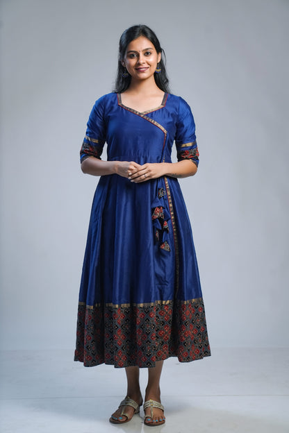 Blue Maheshwari Silk Angaraka Cut Dress