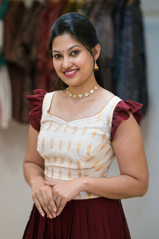 Off-White Top with Maroon Ruffle Sleeves