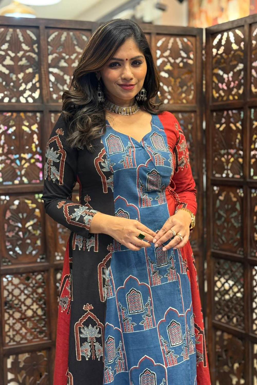 Black Blue & Red 3 Panel Ajrakh Wrap Dress