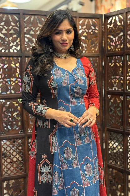 Black Blue & Red 3 Panel Ajrakh Wrap Dress