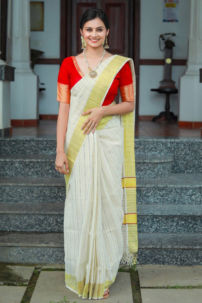 Set Saree With Black & Red Thin Lines