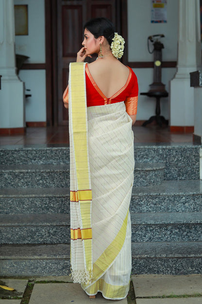 Set Saree With Black & Red Thin Lines