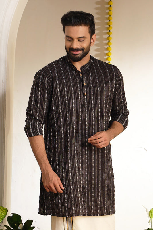 Black Long Kurta with Chinese Collar & Kantha Work