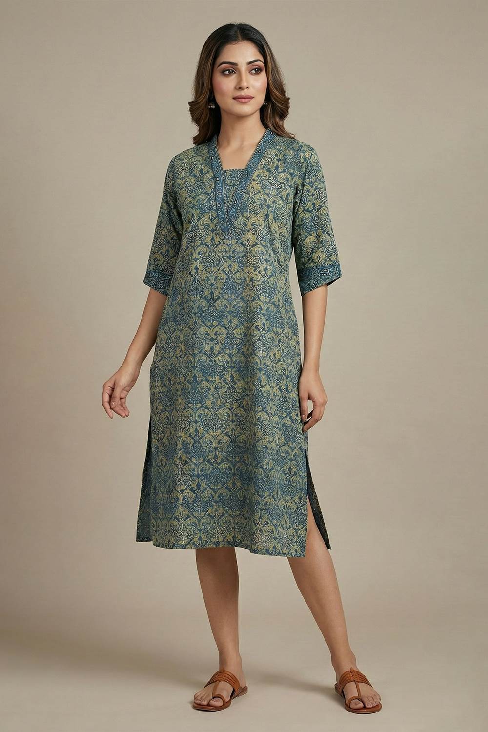Blue Slitted Jali Print Kurti