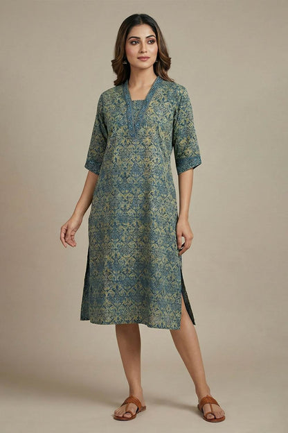 Blue Slitted Jali Print Kurti