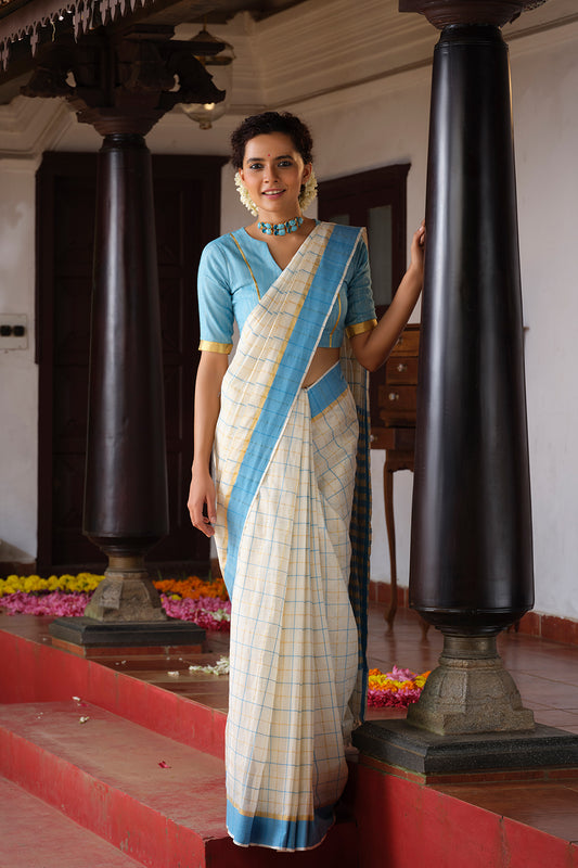 Handloom Cotton Blue And Gold Checks Saree