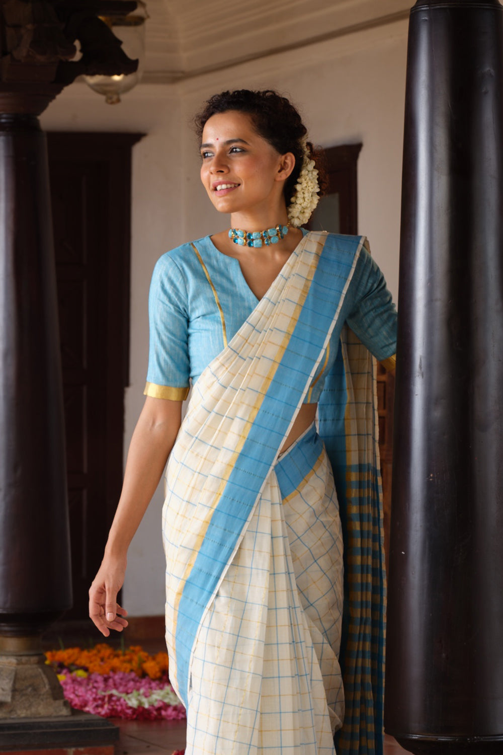 Handloom Cotton Blue And Gold Checks Saree