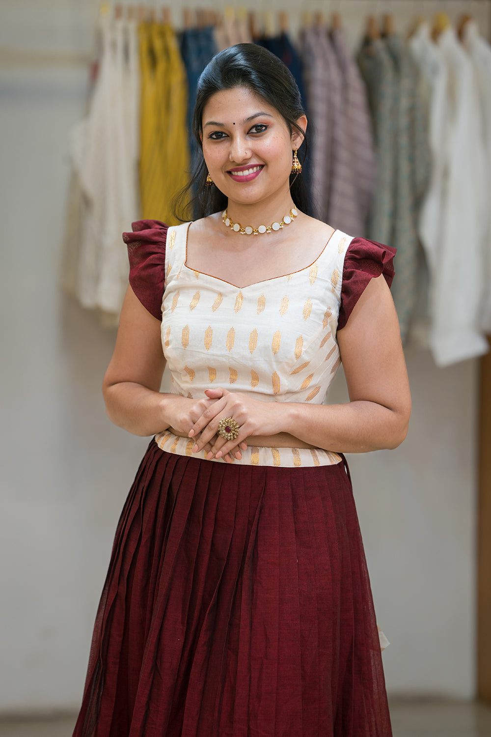 Off-White Top with Maroon Ruffle Sleeves