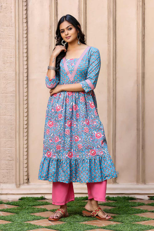 Blue And Pink Floral Kurta