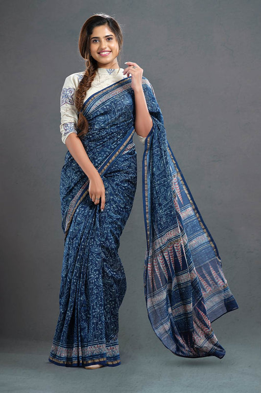Indigo Red Floral Print Saree