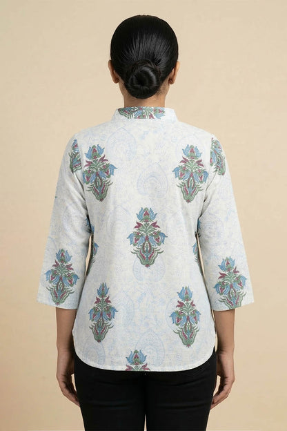 White Short Top with Blue Prints