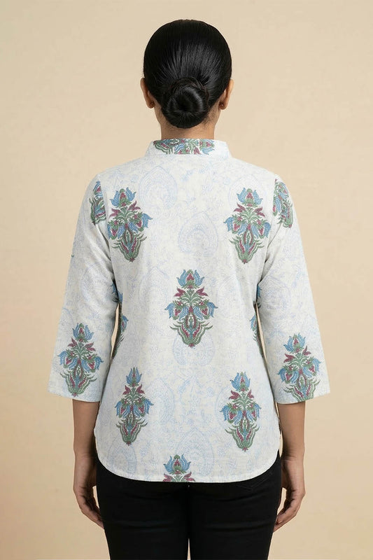 White Short Top with Blue Prints