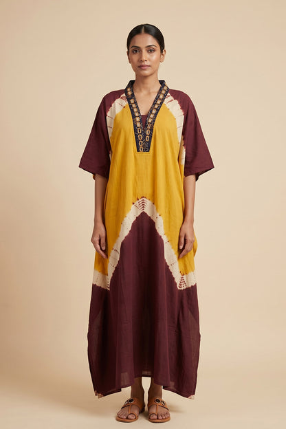 Maroon Mirror work yellow wave kaftan