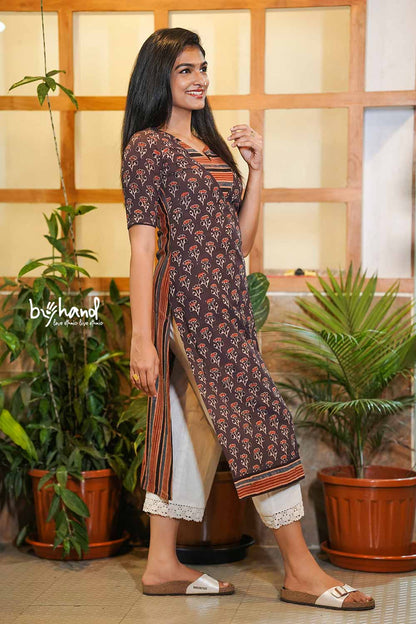 BROWN BASE AJRAKH FLORAL KURTI